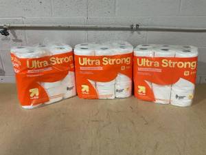 lot 279 image: LOT OF 3 up&up Ultra Strong Toilet Paper (18 Per Pack) (1 Pack Is Missing 1 Roll & A Couple Are Stained)