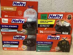 lot 325 image: LOT OF 5 Hefty Trash Bags (13 Gal 50 & 60 Count, 30 Gal34 Count, 42 Gal 14 Count)