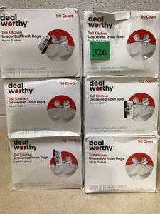 lot 326 image: LOT OF 6 Deal Worthy Tall Kitchen Trash Bags (13 Gal 110 Count Per Pack)