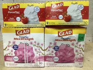 lot 328 image: LOT OF 4 Glad Tall Kitchen Trash Bags (13 Gal, (2) 50 Count (2) 90 Count)