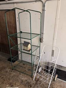 Green Metal Mini Green House Shelving Unit and White Wire Cart