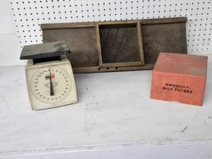 Hanson Utility Scale, Kendall Milk Filters Box, and Kraut Cutter