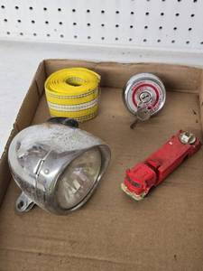 Vintage Headlight, Toy Fire Truck, Gas Cap with Key, and Tape Measure
