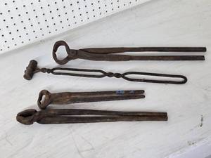 Lot of Blacksmithing Tools Including Tongs and Hardy Tool