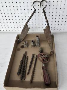 Various Vintage Hand Tools and Bits including Mohawk Hand Drill, Auger Bits, and Ice Tongs