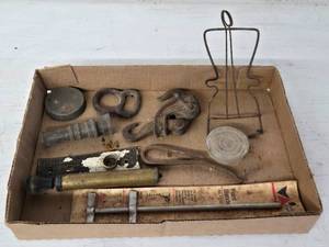 Assortment of Vintage Hardware Items including Hooks, Nozzle, and Paint Blender