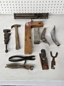 Set of Vintage Hand Tools Including Level and Tri Square, Planer, Hammer, and More
