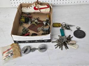 Box of Assorted Keys, Shoe Hanger, and Miscellaneous Items.