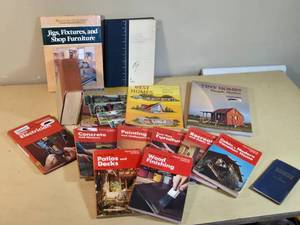 Lot of DIY and Home Improvement Books including Jigs, Fixtures, and Shop Furniture, Tiny Homes Simple Shelter, and Popular Science Skill Books.