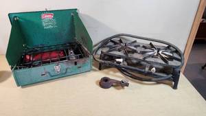 Coleman Camping Stove and Vintage Double Burner Cast Iron Stove