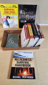 Survival and Preparedness Book Collection including Wilderness Survival Handbook by Michael Pewtherer, The Survival Bible by Duncan Long, and Survival Shelters Construction Manual