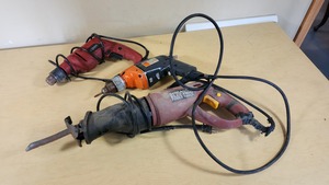 Chicago Electric Reciprocating Saw, Power Kraft 3-in-1 Hammer Drill, and Tool Shop 12 Hammer Drill
