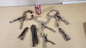 Lot of Locking Pliers and Clamps Various Brands and Sizes, Including C-Clamps and Vise Grips
