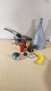 Lot of Vintage Oil Cans and Funnels