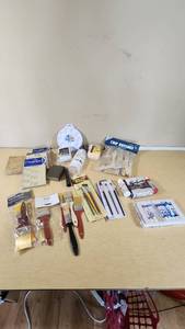 Assorted Paint and Craft Supplies including Acrylic Paint Set, Paint Brushes, Sand Paper, and Drop Cloth