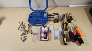 Various Hand Tools including Performax T25 Torx Insert Bit and Screwdriver Set, Mixed Driver Bits, and Accessories