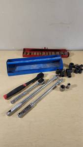 Lot of Socket Wrenches and Accessories Including Ratchet Handles and Sockets