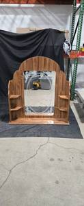 lot 1921 image: Wooden Arched Wall Mirror with Shelves