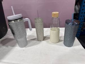 lot 1946 image: Rhinestone Tumblers & Glass Bottle