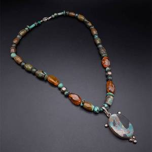 lot 35 image: Artisan Natural Amber & Natural Turquoise Chunky Bead Drop Pendant Necklace