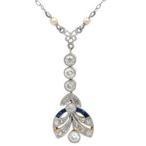 lot 14 image: Antique 1900s Edwardian 1.22 Carat Natural Euro Cut Diamond & Sapphire Foliate Estate Necklace in Platinum and 18k Yellow Gold $7,850 Retail