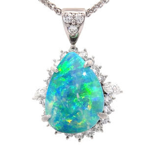 lot 7 image: 16.23 Carat Natural Australian Opal & Diamond Pear Pendant Necklace in 14k White Gold $21,475 Retail
