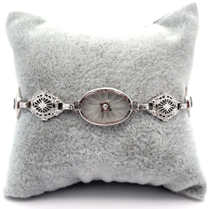lot 13 image: Original Antique Art Deco Natural Diamond & Cut Quartz Filigree Bracelet in 14k White Gold $4,250 Retail