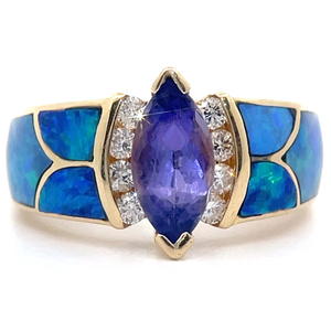 lot 22 image: Kabana Natural Australian Opal Inlay & Natural Diamond Estate Ring in 14k Yellow Gold