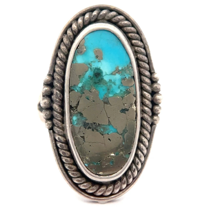 lot 33 image: Mottled Natural Turquoise & Pyrite Navajo Split Shank Ring