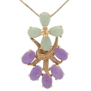 lot 25 image: Estate Green & Purple Jade Flower Drop Pendant in 14k Yellow Gold