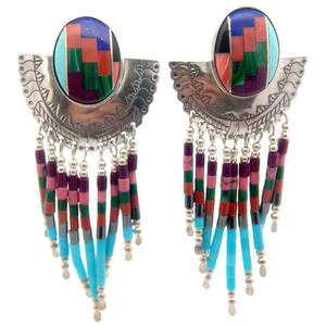 lot 40 image: Native American Multi-Stone Fringe Dangle Clip-On Earrings