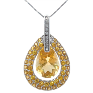 lot 31 image: Estate Natural Citrine & Natural Diamond Pendant Necklace in 14k White Gold