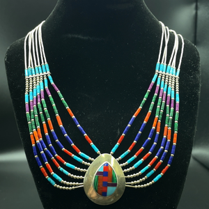 lot 37 image: Native American Necklace Natural Stone Multi-Strand Liquid Silver Mosaic Pendant