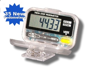 lot 17 image: MSRP $600  35 NEW In Boxes Health Partners Clip On Double Function Sports Pedometers In Clear Case With Battery Comes With Instructions (Selling On Amazon $20 Each Pedometer)