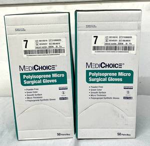 lot 36 image: MSRP $220  2 Boxes (100 Pairs) MediChoice Polyisoprene Micro Surgical Gloves Size 7Medium  Sterile, Powder-Free, Latex-Free, For Surgical &amp Clinical Use - 9Mil Thickness Plus Micro Sensitivity