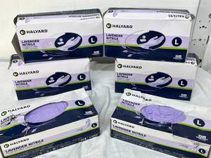 lot 46 image: MSRP $500  6 Boxes Halyard Lavender Nitrile Powder-Free Exam Gloves, Size Large (L), 250 GlovesBox (1,500 Total), Latex-Free, Textured Fingertips, Tested for Use with Chemotherapy Drugs, Medical-Grade PPE