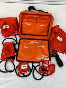 lot 49 image: MSRP $450  Dynarex DynaMed System 5 Multicuff BP System Kit w Infant, Child, Adult &amp Large Adult Cuffs, Thigh Cuff, Gauge, Carry Case  Complete Clinical Blood Pressure Monitoring Set