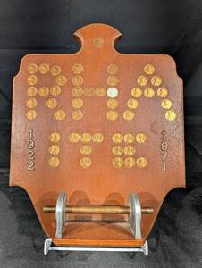 lot 73 image: Antique Wooden Penny Coin Board Display - 1922-1971 Markings