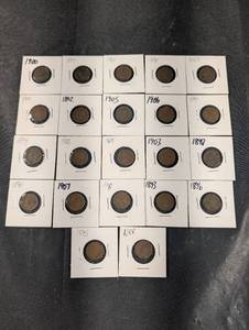 lot 110 image: Indian Head Cent Set - 22 Assorted Dates (1860s-1909) in 2x2 Holders