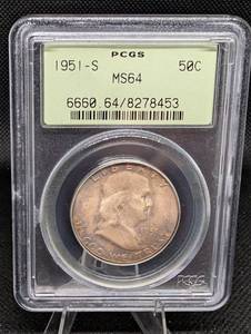 lot 162 image: 1951-S Lincoln Cent PCGS MS64 Franklin Half Dollar 90% Silver