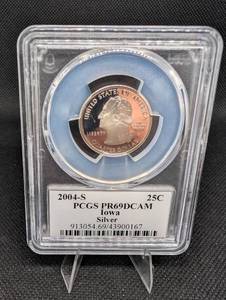 lot 177 image: PCGS PR69DCAM 2004-S Iowa Silver Quarter 25C Proof Coin