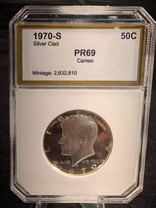 lot 187 image: 1970-S Kennedy Half Dollar Silver Clad PR69 Cameo 50C - Mintage 2,632,810