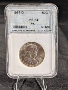 lot 188 image: 1957-D Franklin Half Dollar - MS-64 FBL - National Numismatic Certification