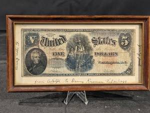 lot 199 image: Framed United States Note - $5 Five Dollars Artwork with Handwritten Dedication Feb 23 1949