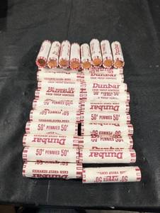 lot 205 image: Dunbar Cash Vault Services 50 Pennies Rolls - 50-Coin Copper Lincoln Cent Rolls (Assorted)