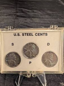lot 216 image: Three Lincoln Cents in U.S. Steel Cents Display Case - S, P, D Mint Marks
