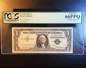 lot 4 image: Gem New 1957 $1 Silver Certificate, PCGS 66PPQ, Rickey Collection, Triple Double Serial#, nuff said