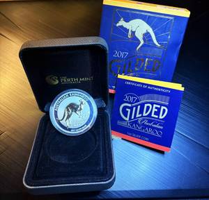 lot 12 image: 2017 Perth Mint Gilded Australian Kangaroo in OGP, 1 oz 999, #775 of 5,000, Tough Find