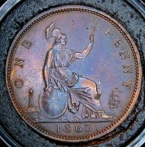 lot 13 image: Uncirculated 1863 Great Britain Penny, RedBrown, Great Character, Original Surfaces, Spectacular Coin