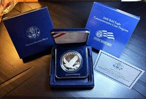 lot 28 image: Proof 2008-S Bald Eagle Silver Commemorative Dollar in OGP, 90% Fine